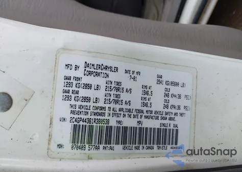 2001 Chrysler Town & Country Lx z USA, uszkodzony, nr VIN 2C4GP44361R380538